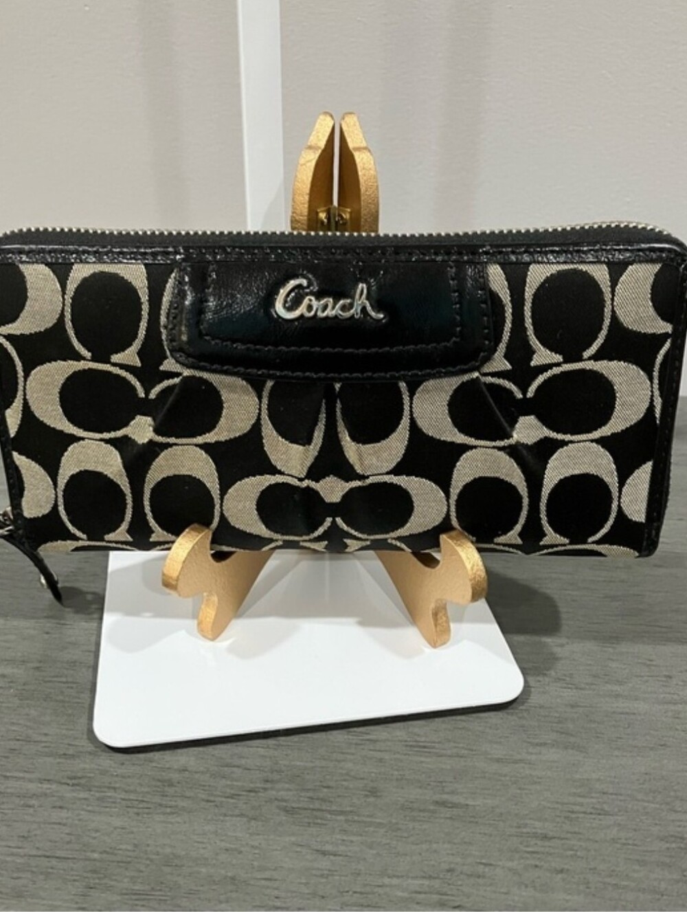Coach Black and Khaki Signature Zip Wallet